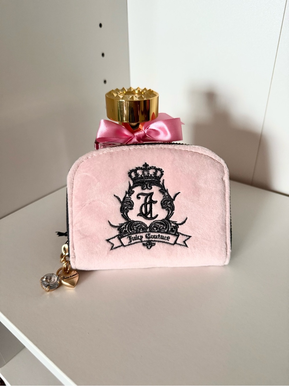 Juicy Couture “Need More Juicy” Zip Wallet with Embroidered Crest & Gold Charm